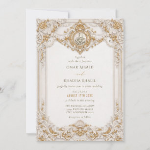 Convites Elegante Moldura Barroca em Ouro e Branco Casament