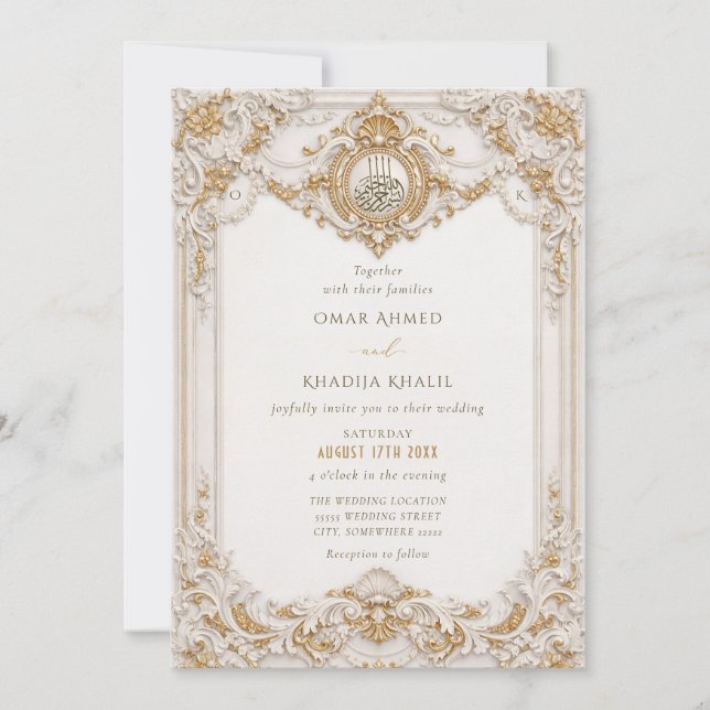 Convites Elegante Moldura Barroca em Ouro e Branco Casament (Frente)