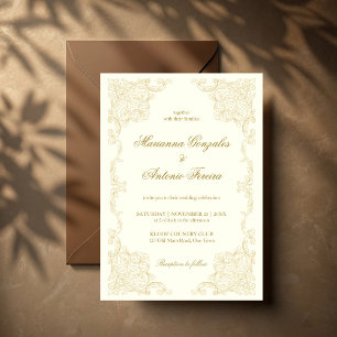 Convites Elegante moldura de casamento dourada e marfim vin