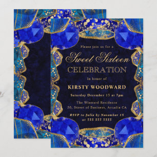 Convites Elegante Moldura de Cristal Azul Dourado Sweet 16
