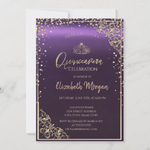 Convites Elegante Moldura de Diamantes Quinceañera Roxa