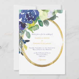 Convites Elegante Moldura Dourada Azul Floral Aquarela Bran