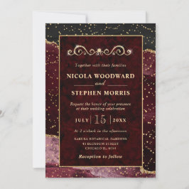 Convites Elegante Moldura Dourada Casamento Ágata Vermelha 