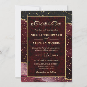 Convites Elegante Moldura Dourada Casamento Ágata Vermelha 