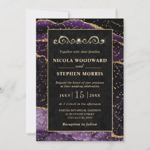 Convites Elegante Moldura Dourada Casamento de Ágata Roxa