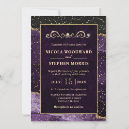 Convites Elegante Moldura Dourada Casamento de Ágata Roxa O