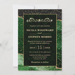Convites Elegante Moldura Dourada com Ágata Verde para Noiv