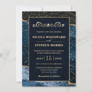 Convites Elegante Moldura Dourada de Ágata Azul para Noiva