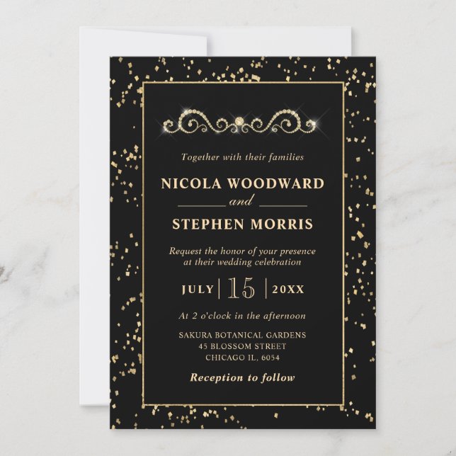 Convites Elegante Moldura Dourada em Decoração de Casamento (Frente)