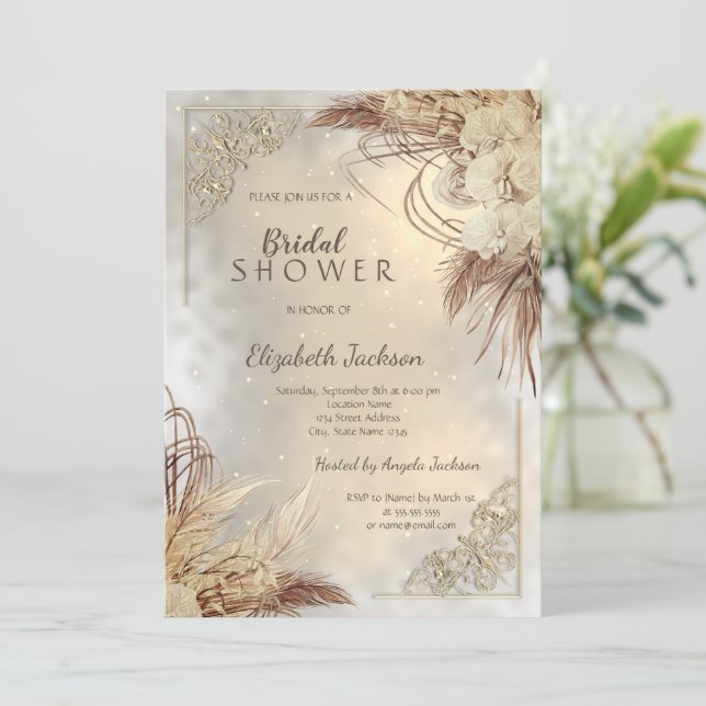 Convites Elegante Moldura Dourada Flores Boho Chá de Noiva (Em pé/Frente)