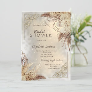 Convites Elegante Moldura Dourada Flores Boho Chá de Noiva