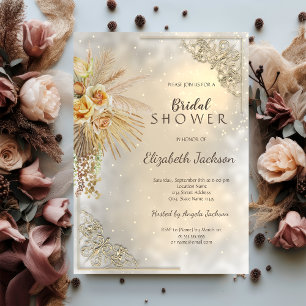 Convites Elegante Moldura Dourada Flores Boho Chá de Noiva