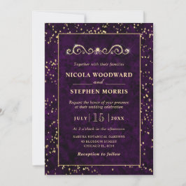 Convites Elegante Moldura Dourada Mármore Roxo Casamento