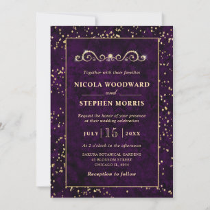 Convites Elegante Moldura Dourada Mármore Roxo Casamento