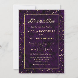 Convites Elegante Moldura Dourada Mármore Roxo Casamento