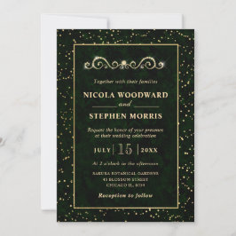 Convites Elegante Moldura Dourada Mármore Verde Casamento