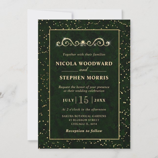 Convites Elegante Moldura Dourada Mármore Verde Casamento (Frente)
