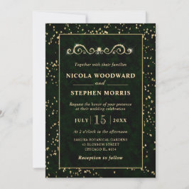 Convites Elegante Moldura Dourada Mármore Verde Casamento