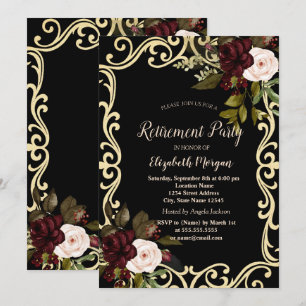 Convites Elegante Moldura Dourada Rosas Borgonha Aposentado