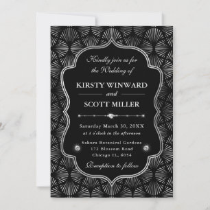 Convites Elegante Moldura Leque Prata Art Déco Casamento