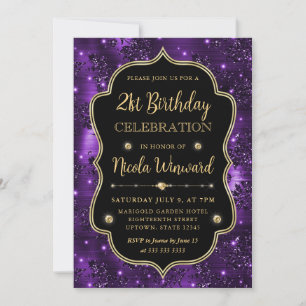 Convites Elegante Moldura Vintage com Brilho Roxo Aniversár