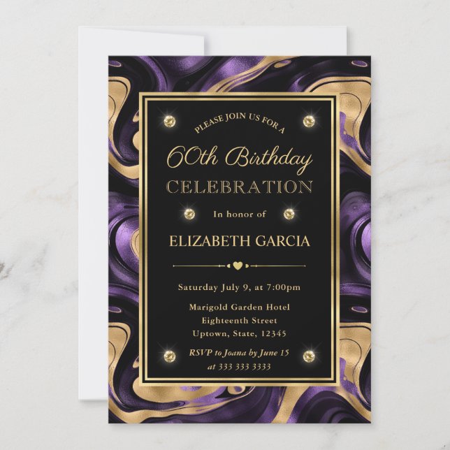 Convites Elegante Molten Purple & Gold Foil 60º Aniversário (Frente)