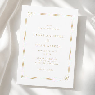 Convites Elegante Monograma Branco Bege Dourado Borda Casam