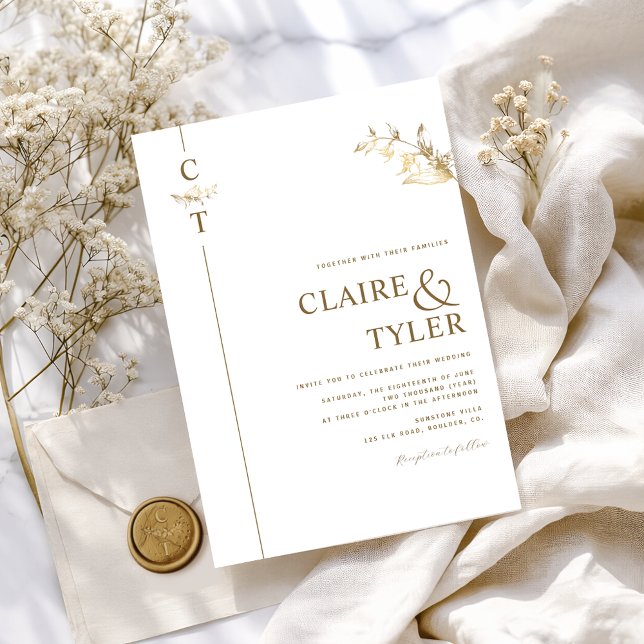Convites Elegante Monograma Clássico Branco e Dourado de Ca (Criador carregado)