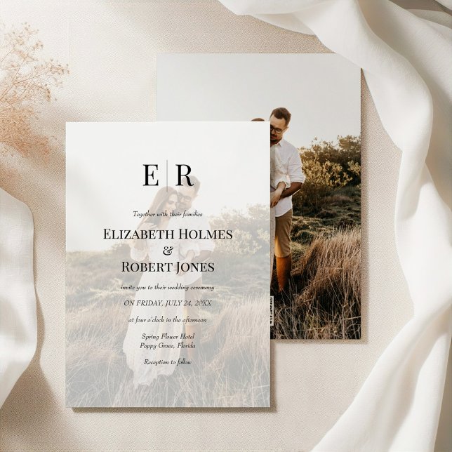 Convites Elegante Monograma Código QR de Foto Personalizado (Elegant Monogram Custom Photo QR Code Wedding Invitation on an elegant silky tablecloth)