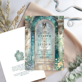 Convites Elegante Monograma de Casamento em Aquarela Azul T