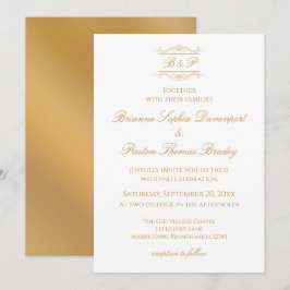Convites Elegante Monograma de Casamento em Ouro e Branco M