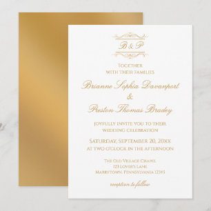 Convites Elegante Monograma de Casamento em Ouro e Branco M