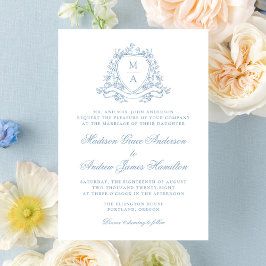 Convites Elegante Monograma de Floral Azul com Crista para 