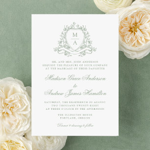 Convites Elegante Monograma de Floral em Verde Sálvia para