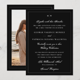 Convites Elegante Monograma de Fotos Preto para Casamento