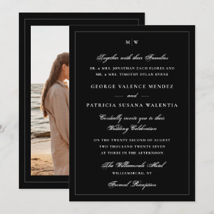 Convites Elegante Monograma de Fotos Preto para Casamento