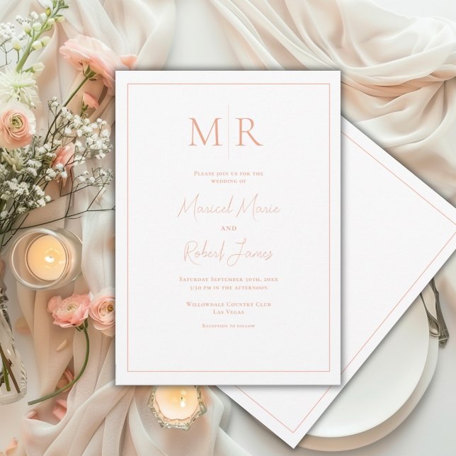 Convites Elegante Monograma de Pêssego Casamento Moderno (Criador carregado)