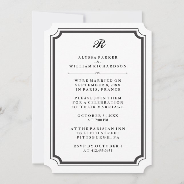 Convites Elegante Monograma Recepção Formal Pós-Casamento (Frente)