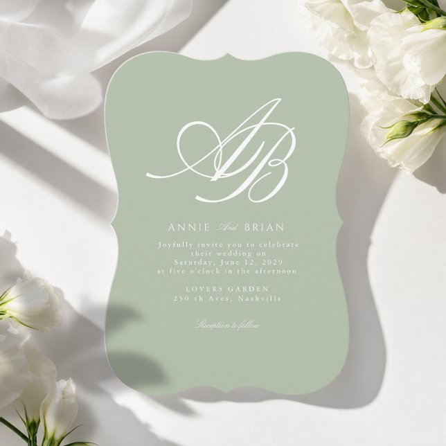 Convites Elegante Monograma Verde Branco Casamento (Elegant Monogram Sage Green White Wedding Invitation)