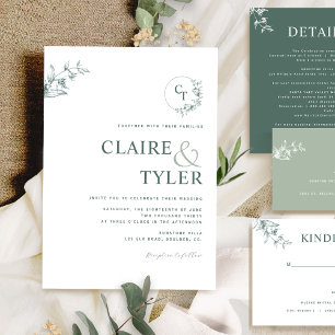 Convites Elegante Monograma Verde Moderno de Casamento