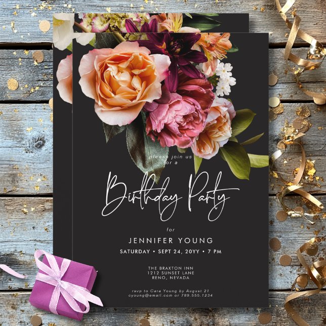 Convites Elegante Moody Burgundy e Floral Rosa (Elegant Moody Burgundy & Pink Floral Birthday Invitation)