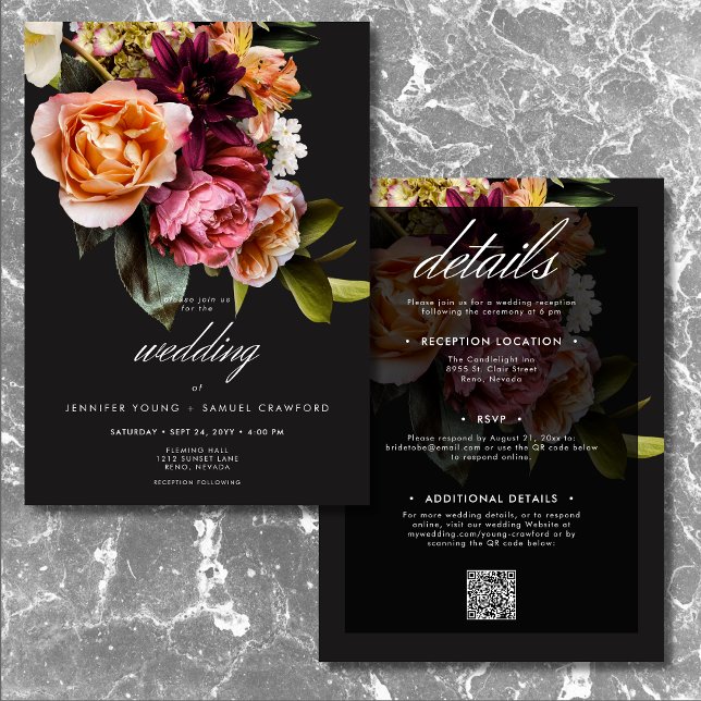 Convites Elegante Moody Burgundy e Floral Rosa Dois Lados (Elegant Moody Burgundy & Pink Floral Two Sided Invitation)