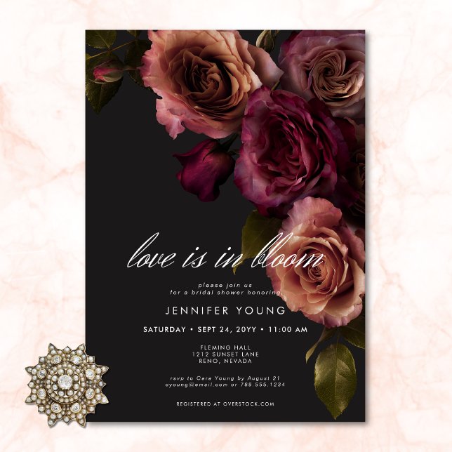 Convites Elegante Moody Rust Burgundy Love In Bloom Chá (Elegant Moody Rust Burgundy Love In Bloom Shower Invitation)