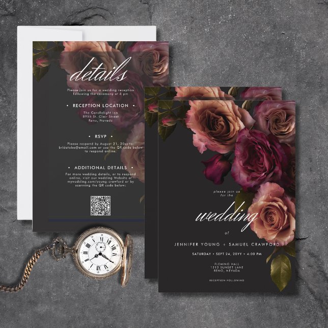 Convites Elegante Moody Rust e Burgundy Floral Dois Lados (Elegant Moody Rust & Burgundy Floral All In One Invitation)