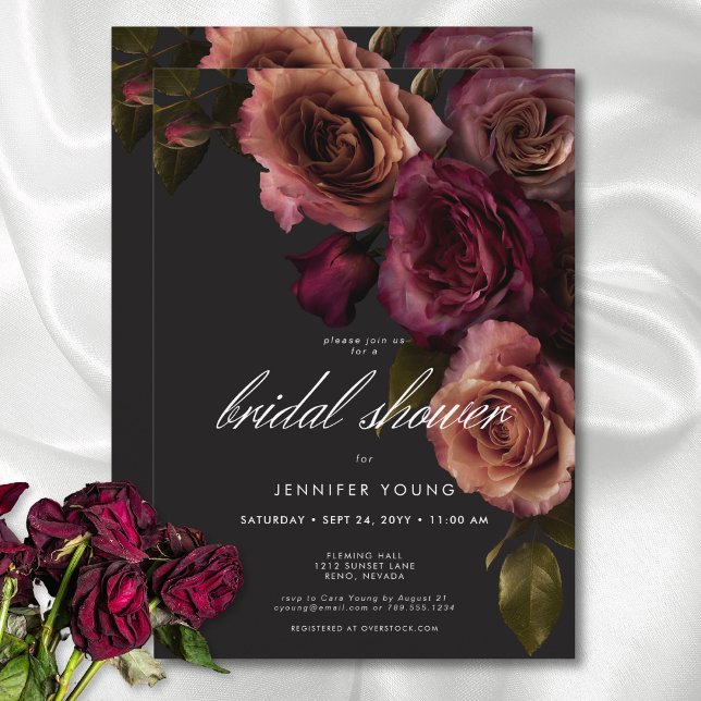 Convites Elegante Moody Rust e Chá de panela Floral Burgund (Elegant Moody Rust & Burgundy Floral Bridal Shower Invitation)