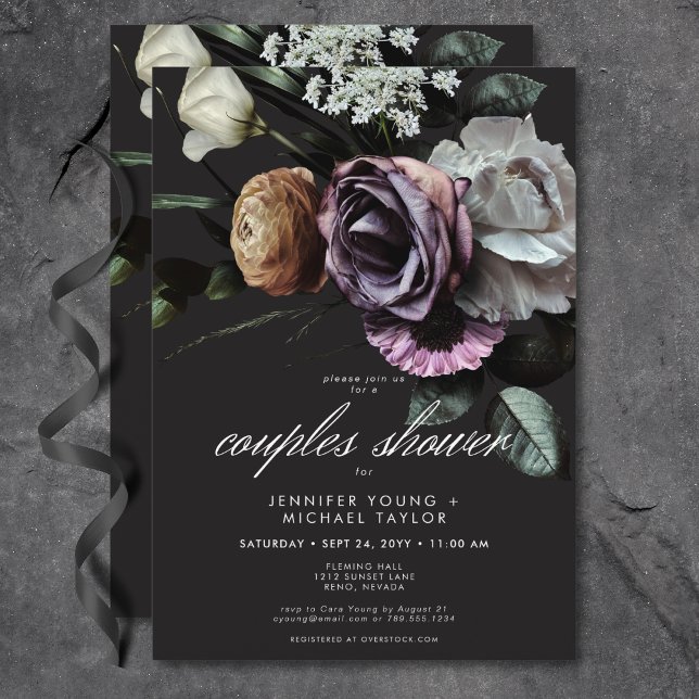 Convites Elegante Moody Twilight Mudou Casais Florais Chá (Elegant Moody Twilight Muted Floral Couples Shower Invitation)