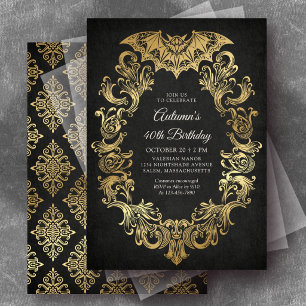 Convites Elegante Morcego Dourado Aniversário de Halloween