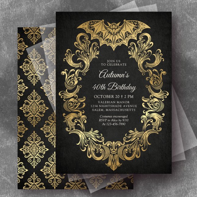Convites Elegante Morcego Dourado Aniversário de Halloween (Criador carregado)