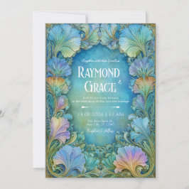 Convites Elegante Mosaico Floral em Verde Água Art Nouveau