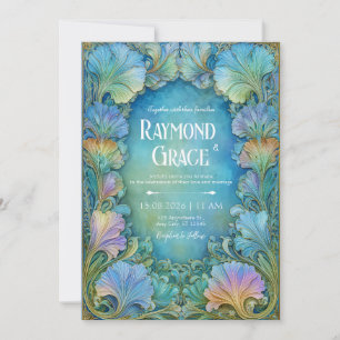 Convites Elegante Mosaico Floral em Verde Água Art Nouveau